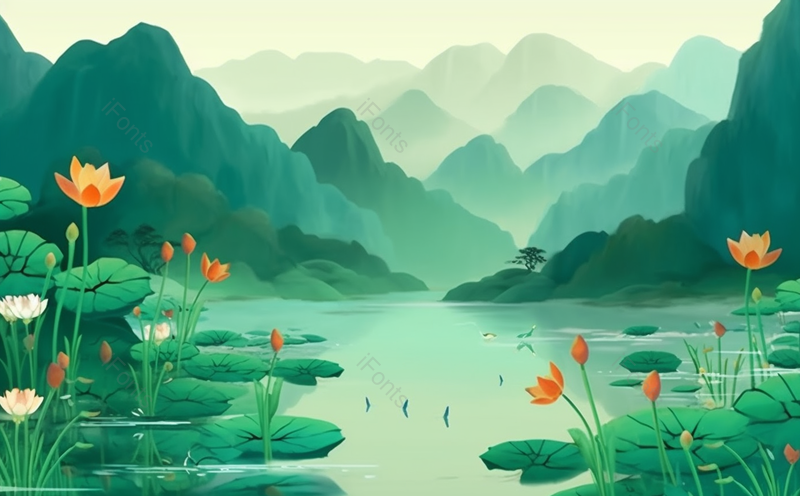 中国风山水荷花夏至宁静国潮手绘插画,插画/手绘图,插画/手绘图库,插画/手绘图下载,插画/手绘